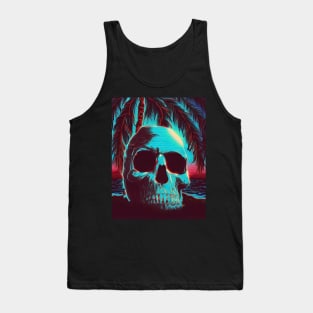 Spooky retro vaporwave glitch skull on palm beach Tank Top